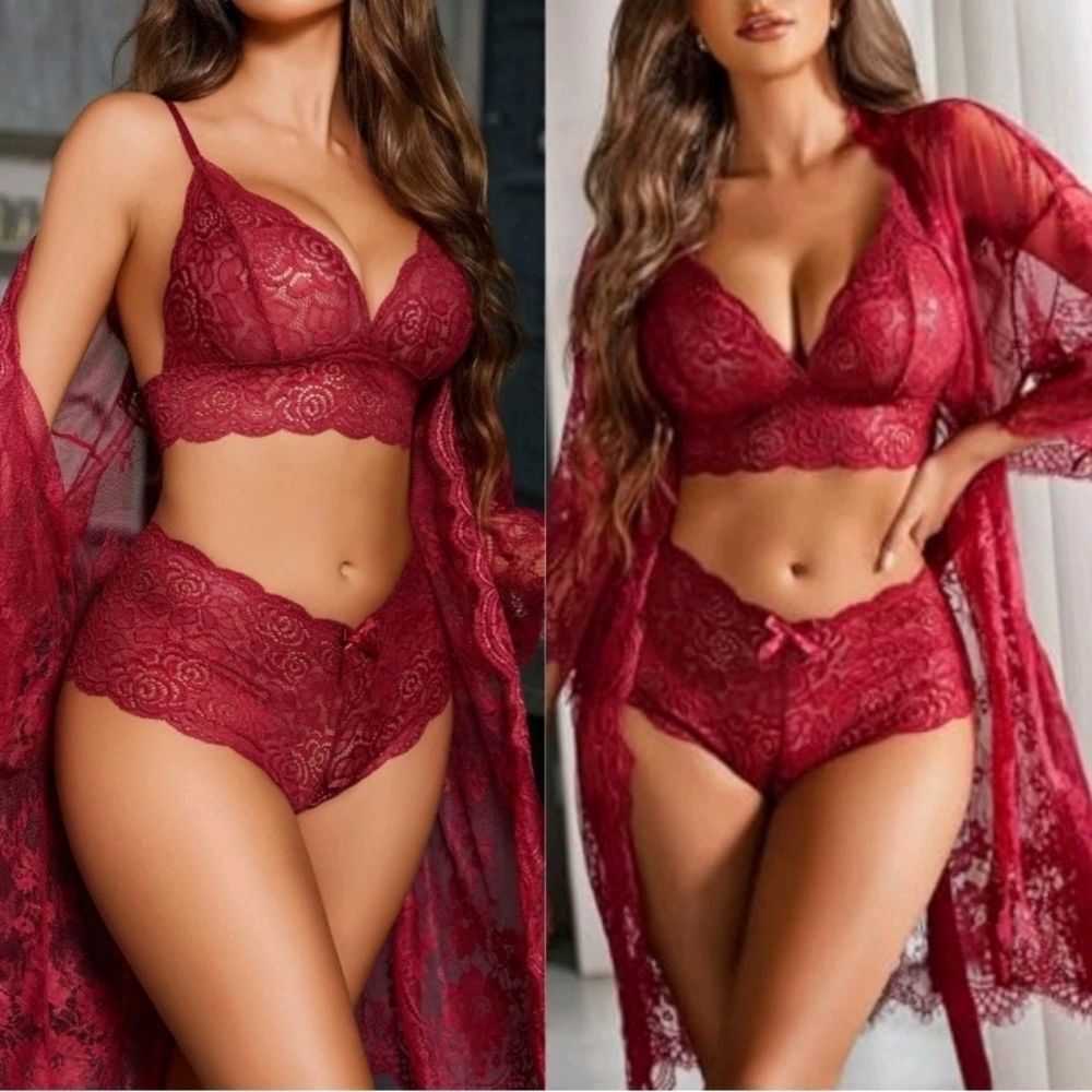 Women's Sexy Lingerie Set Bra and Panty Lace Kimono Robe Sleepwear Valentine's